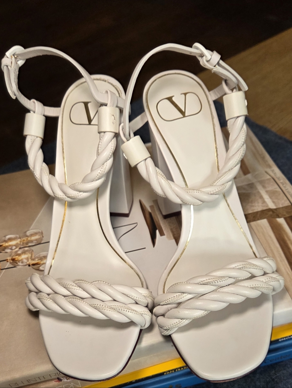 Valentino WHITE Braided Strap Block Heel Sandals